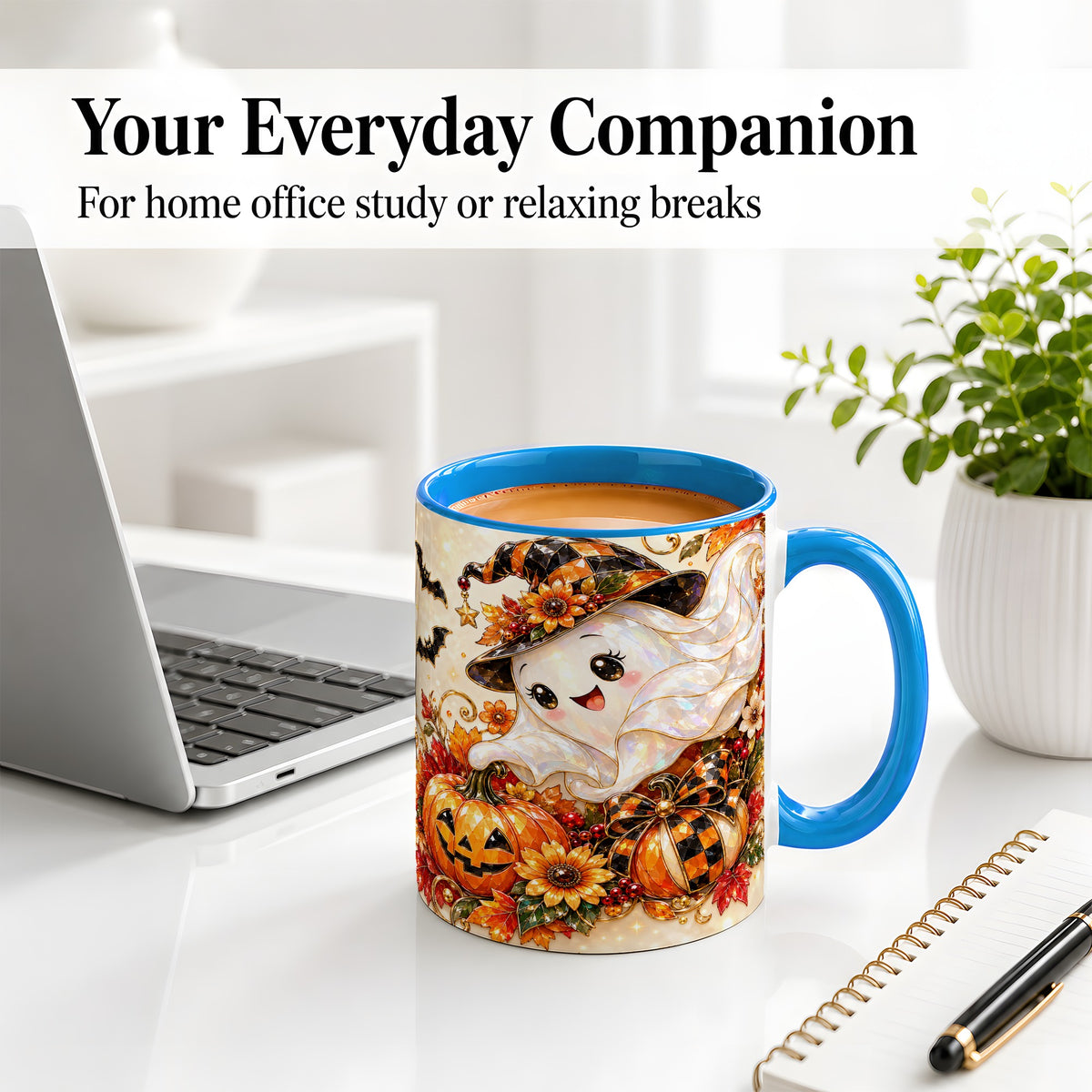 #pl[11oz|Blue] Cute Halloween Ghost Ceramic Mug, Witch Hat Pumpkin Artwork