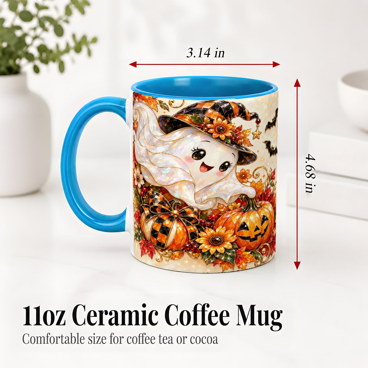 #pl[11oz|Blue] Cute Halloween Ghost Ceramic Mug, Witch Hat Pumpkin Artwork
