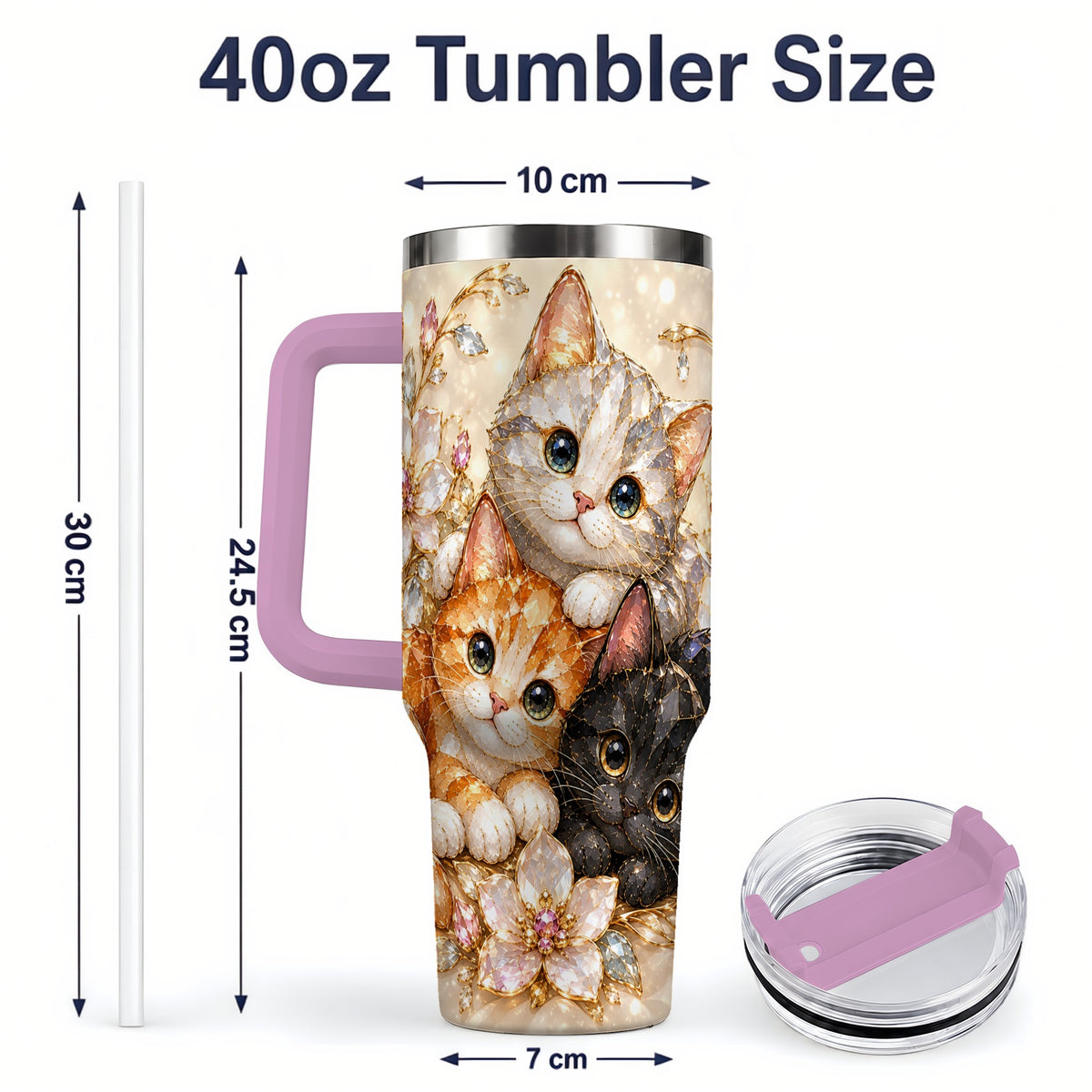 #pl[40oz|Pink] Jeweled Cat Floral 40oz Tumbler with Three Cats and Flowers