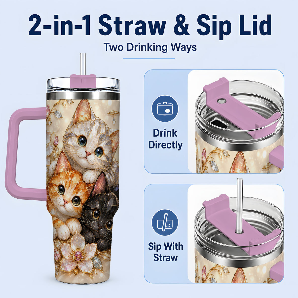 #pl[40oz|Pink] Jeweled Cat Floral 40oz Tumbler with Three Cats and Flowers