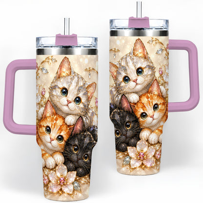 #pl[40oz|Pink] Jeweled Cat Floral 40oz Tumbler with Three Cats and Flowers