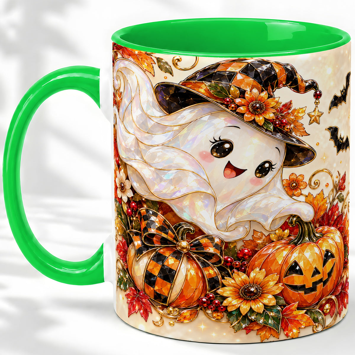#pl[11oz|Green] Cute Halloween Ghost Ceramic Mug, Witch Hat Pumpkin Artwork