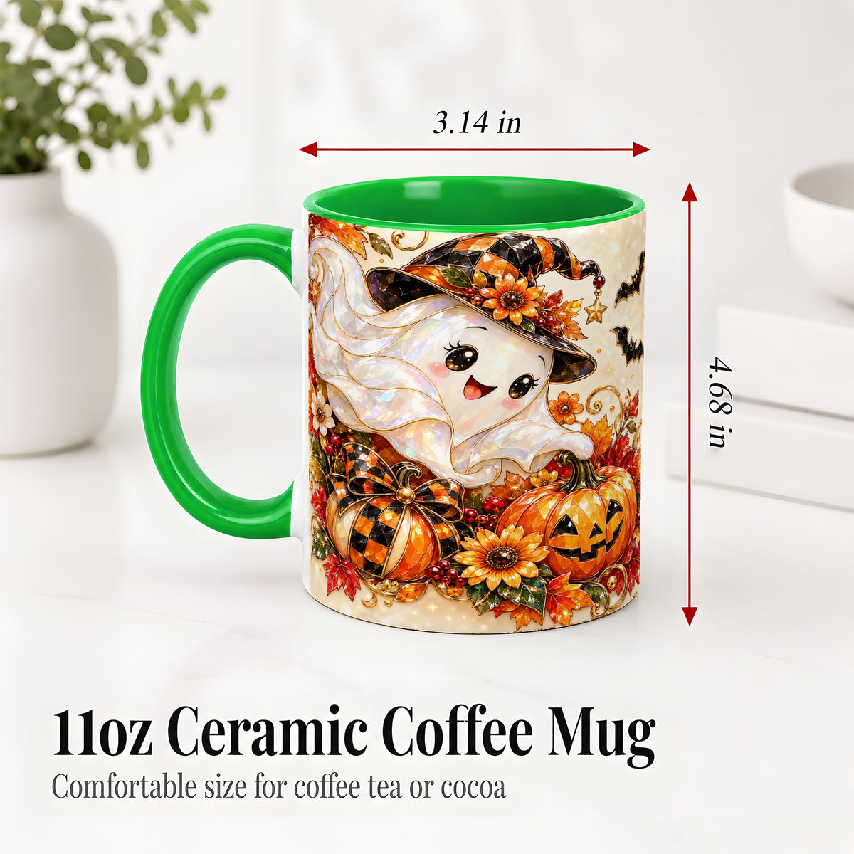 #pl[11oz|Green] Cute Halloween Ghost Ceramic Mug, Witch Hat Pumpkin Artwork