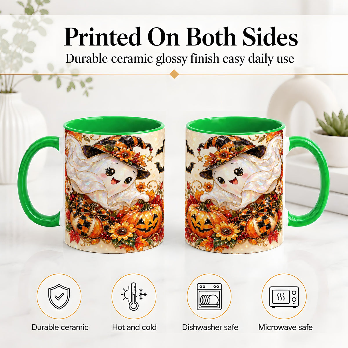 #pl[11oz|Green] Cute Halloween Ghost Ceramic Mug, Witch Hat Pumpkin Artwork