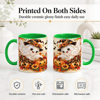 #pl[11oz|Green] Cute Halloween Ghost Ceramic Mug, Witch Hat Pumpkin Artwork