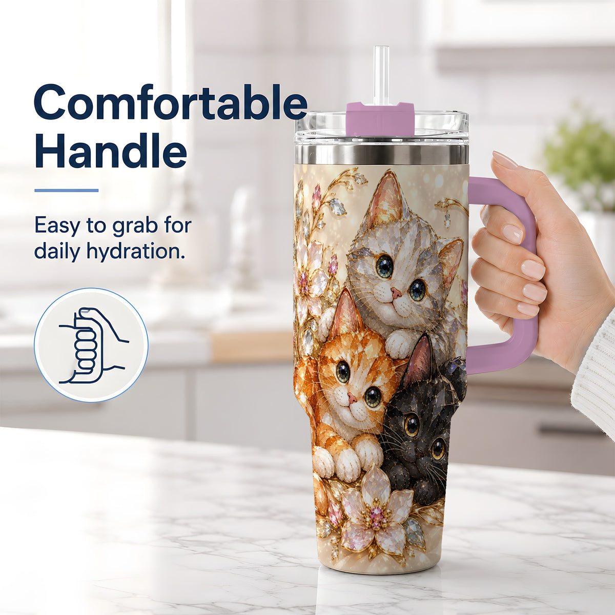 #pl[40oz|Pink] Jeweled Cat Floral 40oz Tumbler with Three Cats and Flowers