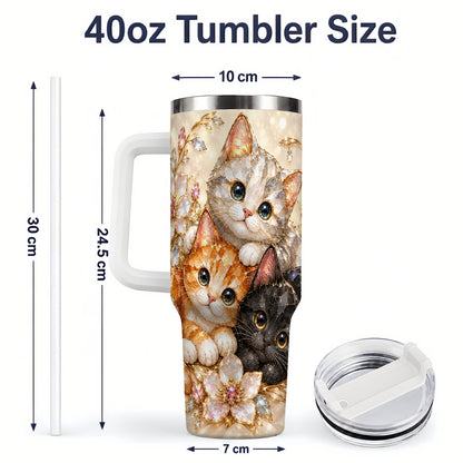 #pl[40oz|White] Jeweled Cat Floral 40oz Tumbler with Three Cats and Flowers