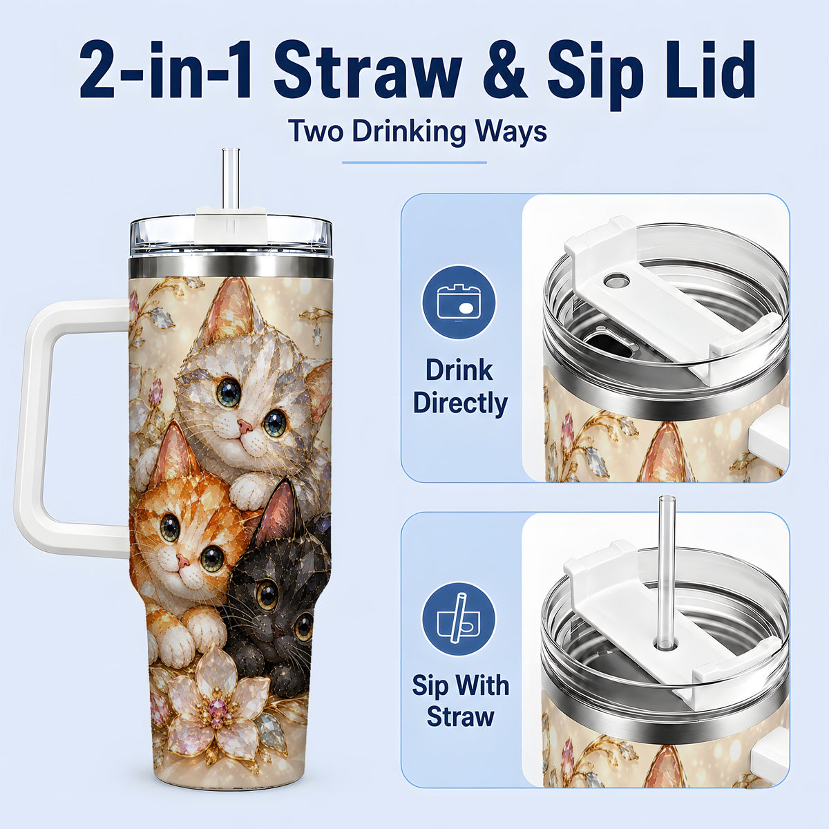 #pl[40oz|White] Jeweled Cat Floral 40oz Tumbler with Three Cats and Flowers