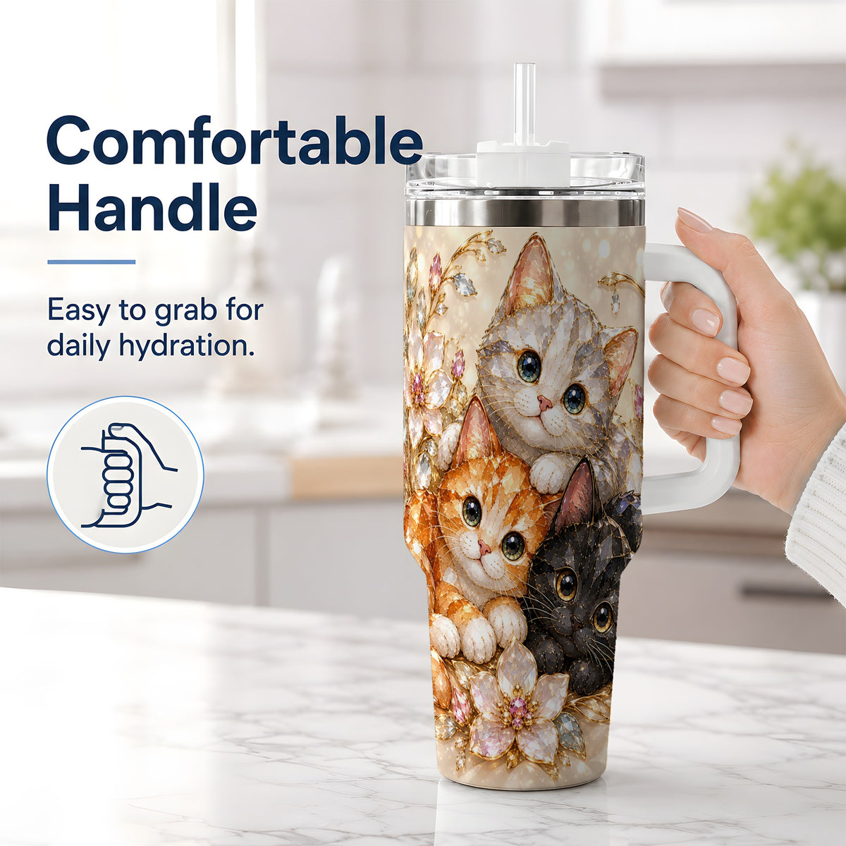 #pl[40oz|White] Jeweled Cat Floral 40oz Tumbler with Three Cats and Flowers