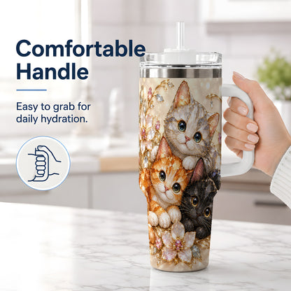 #pl[40oz|White] Jeweled Cat Floral 40oz Tumbler with Three Cats and Flowers