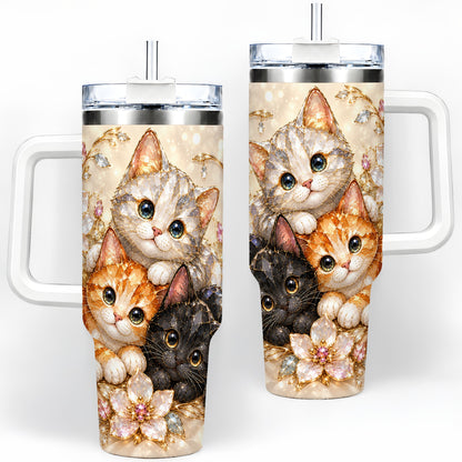 Jeweled Cat Floral 40oz Tumbler with Three Cats and Flowers
