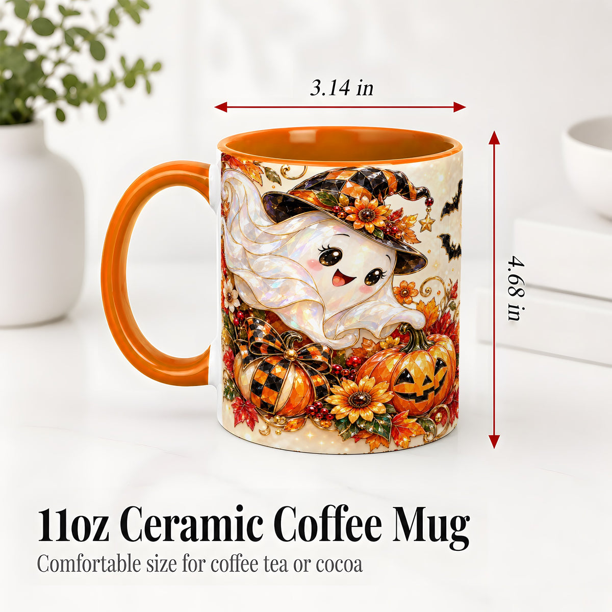 #pl[11oz|Orange] Cute Halloween Ghost Ceramic Mug, Witch Hat Pumpkin Artwork