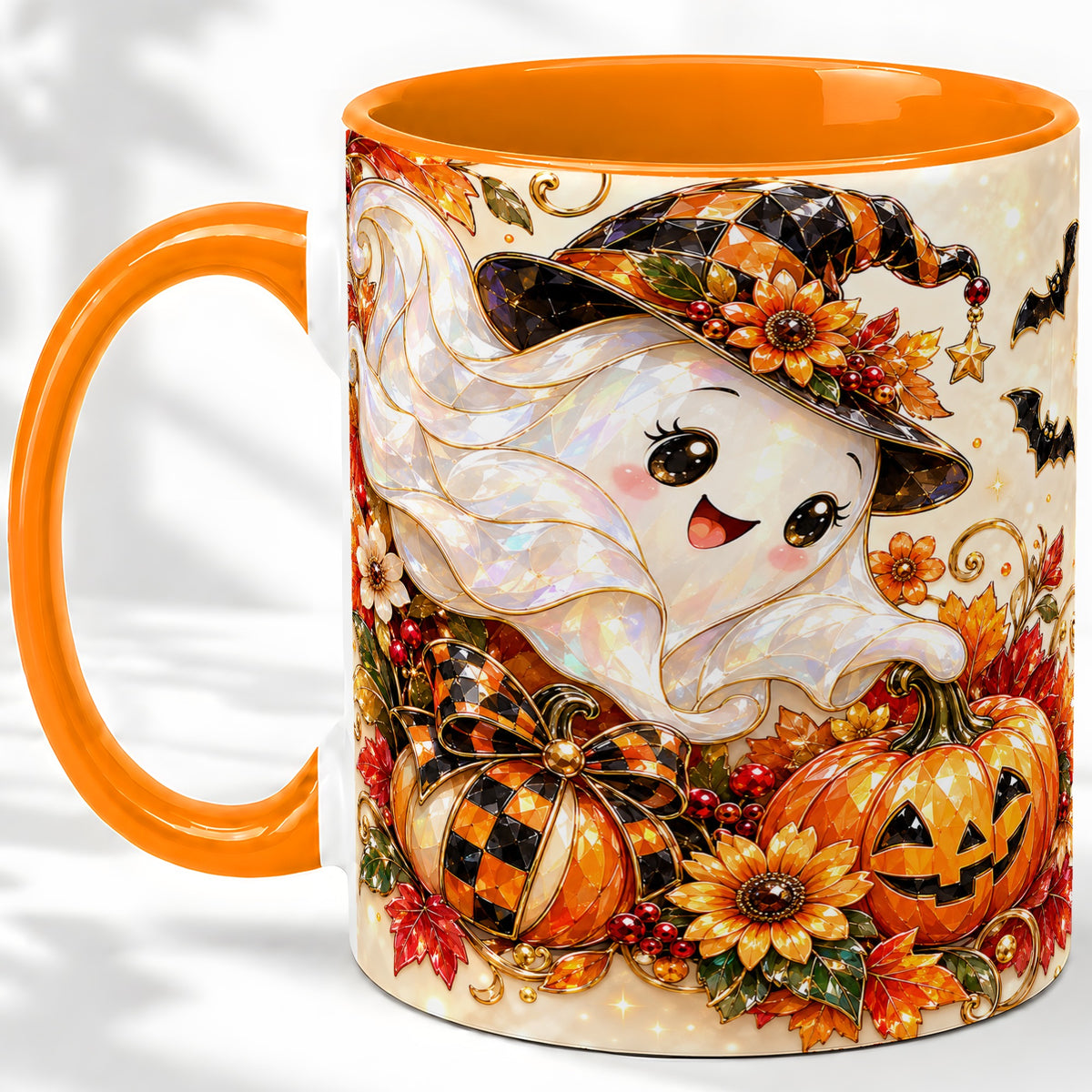 #pl[11oz|Orange] Cute Halloween Ghost Ceramic Mug, Witch Hat Pumpkin Artwork