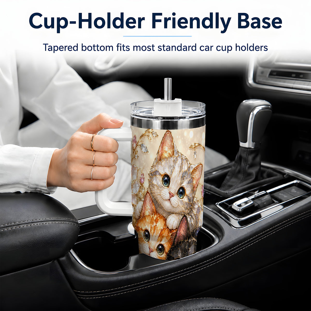 #pl[40oz|White] Jeweled Cat Floral 40oz Tumbler with Three Cats and Flowers