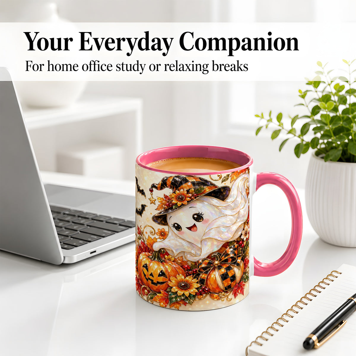 #pl[11oz|Pink] Cute Halloween Ghost Ceramic Mug, Witch Hat Pumpkin Artwork