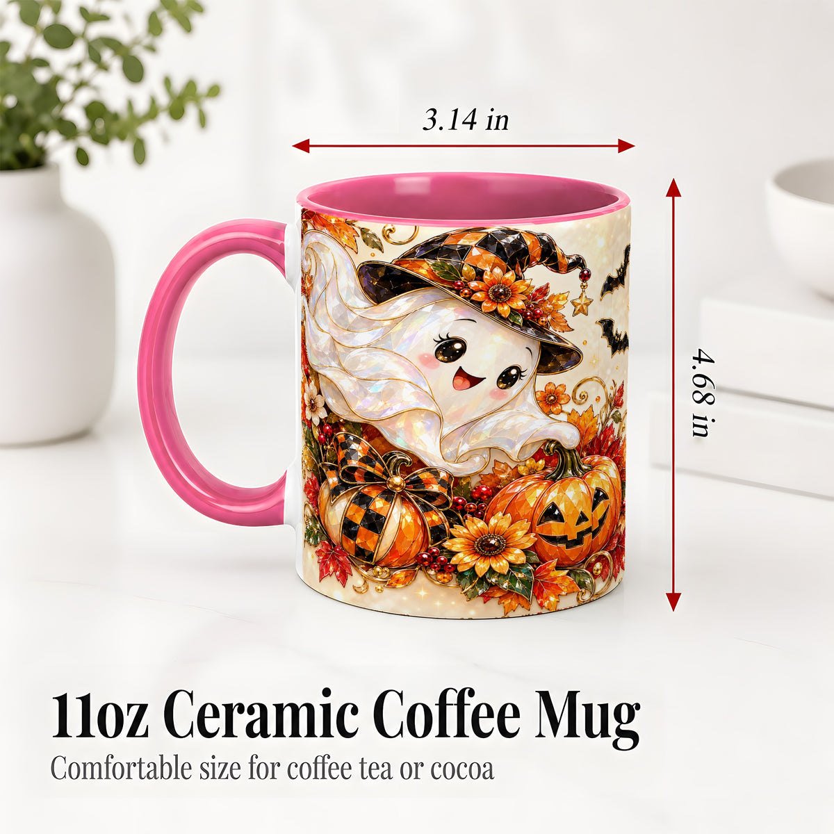 #pl[11oz|Pink] Cute Halloween Ghost Ceramic Mug, Witch Hat Pumpkin Artwork