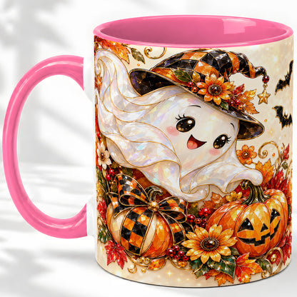 #pl[11oz|Pink] Cute Halloween Ghost Ceramic Mug, Witch Hat Pumpkin Artwork