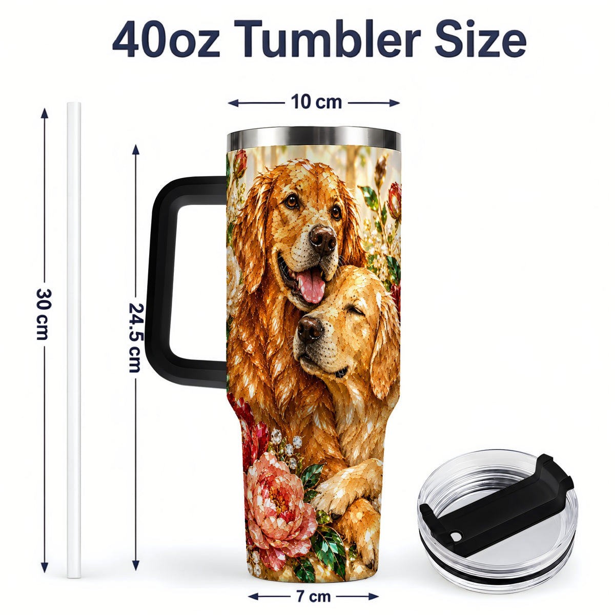 #pl[40oz|Black] Golden Retriever Floral 40oz Tumbler with Two Dogs and Roses