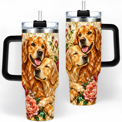 #pl[40oz|Black] Golden Retriever Floral 40oz Tumbler with Two Dogs and Roses