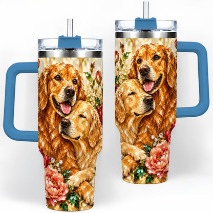#pl[40oz|Blue] Golden Retriever Floral 40oz Tumbler with Two Dogs and Roses