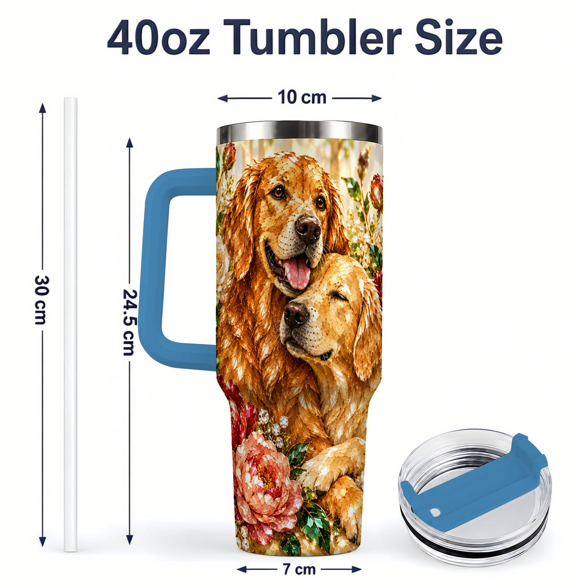 #pl[40oz|Blue] Golden Retriever Floral 40oz Tumbler with Two Dogs and Roses