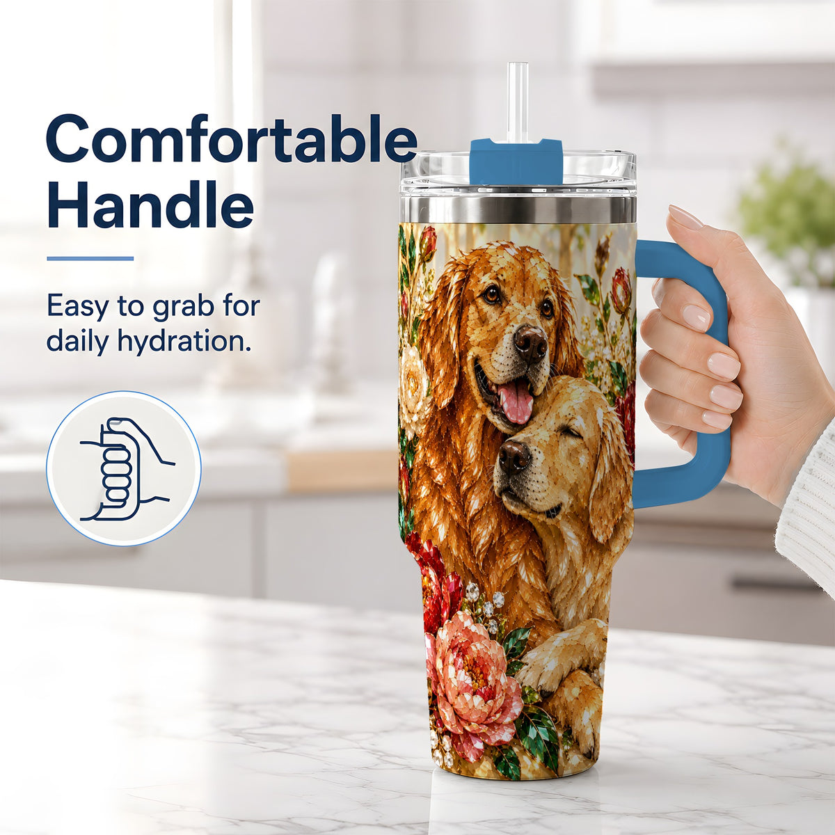 #pl[40oz|Blue] Golden Retriever Floral 40oz Tumbler with Two Dogs and Roses