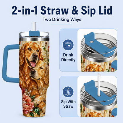 #pl[40oz|Blue] Golden Retriever Floral 40oz Tumbler with Two Dogs and Roses