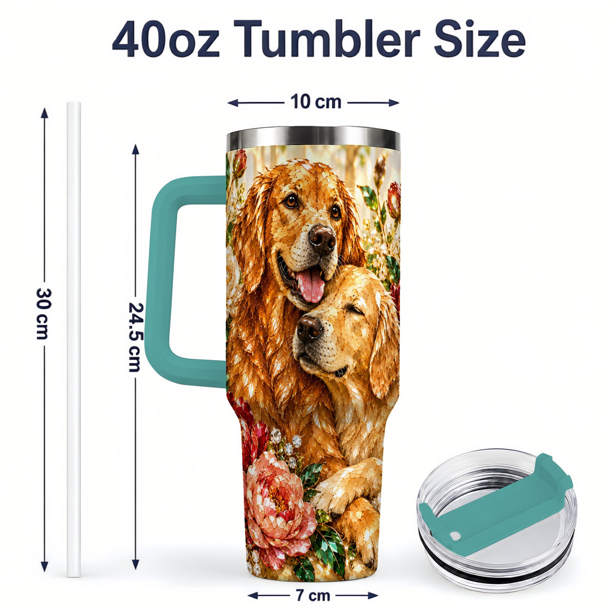 #pl[40oz|Green] Golden Retriever Floral 40oz Tumbler with Two Dogs and Roses
