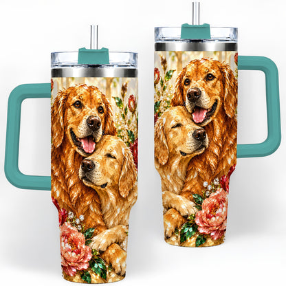 #pl[40oz|Green] Golden Retriever Floral 40oz Tumbler with Two Dogs and Roses