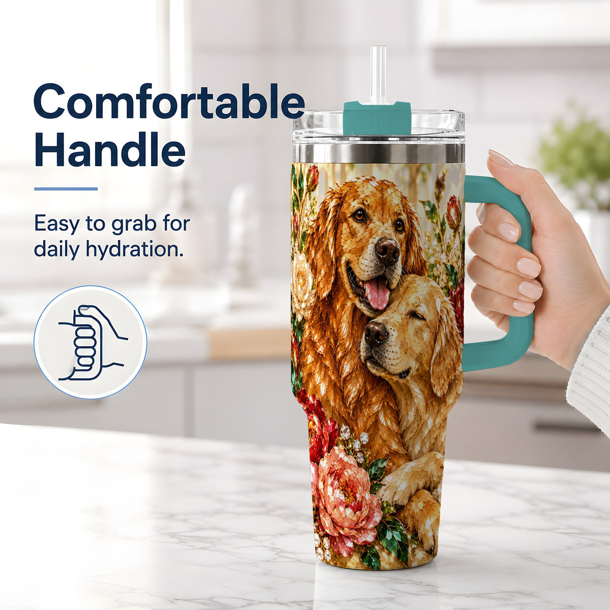 #pl[40oz|Green] Golden Retriever Floral 40oz Tumbler with Two Dogs and Roses