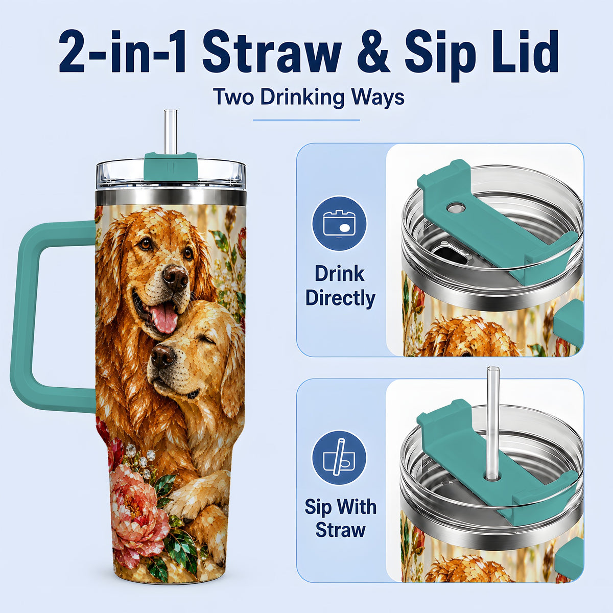 #pl[40oz|Green] Golden Retriever Floral 40oz Tumbler with Two Dogs and Roses