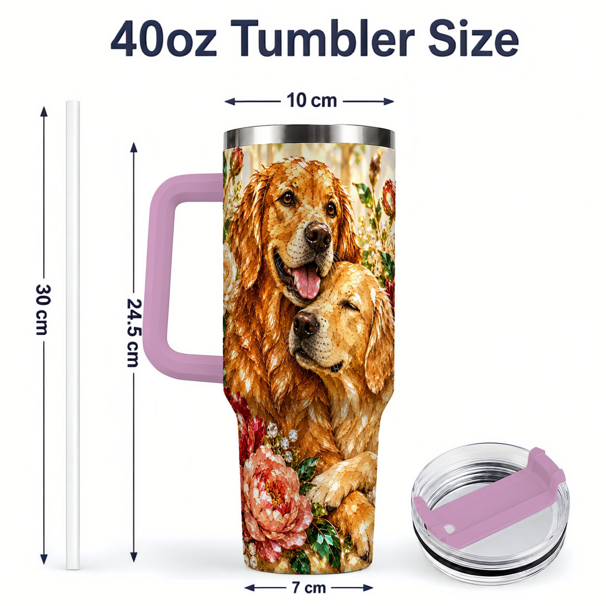 #pl[40oz|Pink] Golden Retriever Floral 40oz Tumbler with Two Dogs and Roses