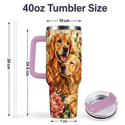 #pl[40oz|Pink] Golden Retriever Floral 40oz Tumbler with Two Dogs and Roses