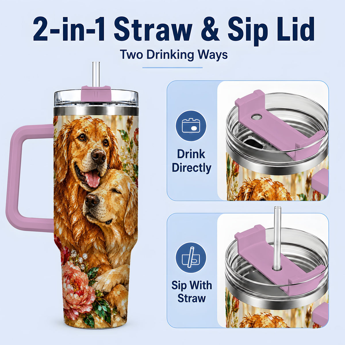 #pl[40oz|Pink] Golden Retriever Floral 40oz Tumbler with Two Dogs and Roses