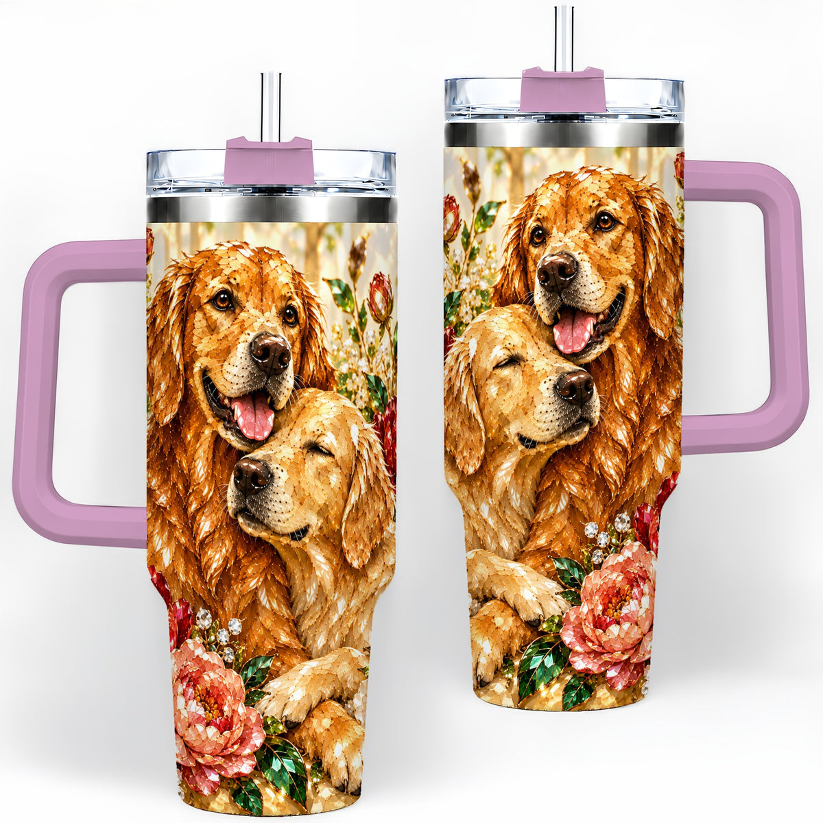 #pl[40oz|Pink] Golden Retriever Floral 40oz Tumbler with Two Dogs and Roses