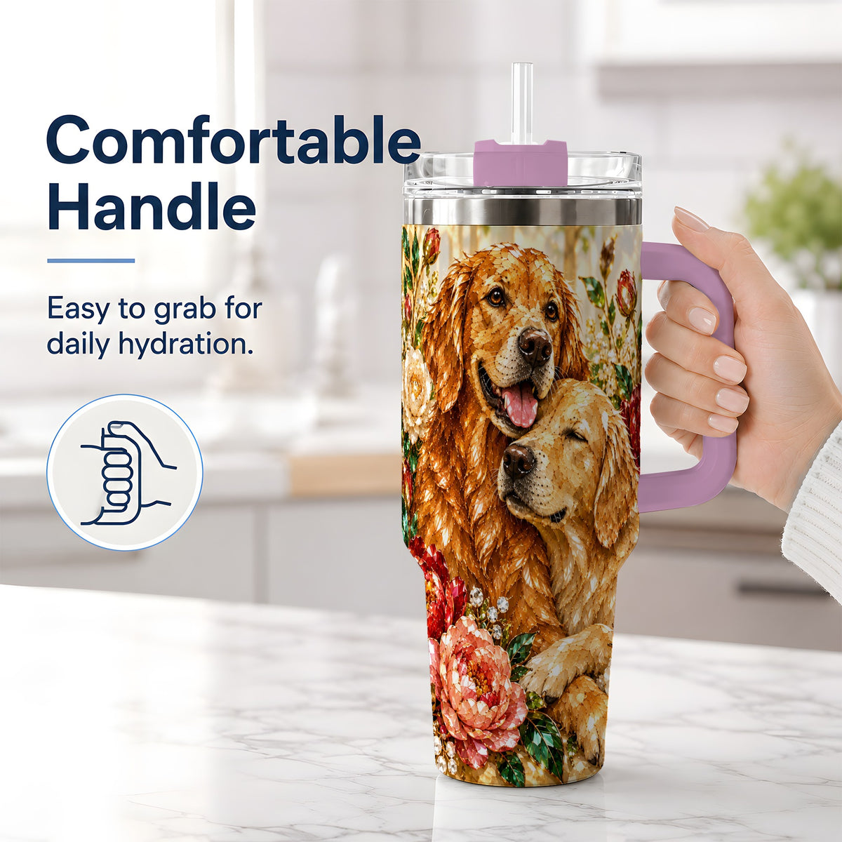 #pl[40oz|Pink] Golden Retriever Floral 40oz Tumbler with Two Dogs and Roses