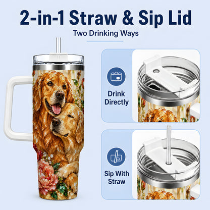 #pl[40oz|White] Golden Retriever Floral 40oz Tumbler with Two Dogs and Roses