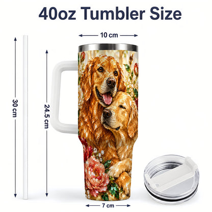 #pl[40oz|White] Golden Retriever Floral 40oz Tumbler with Two Dogs and Roses