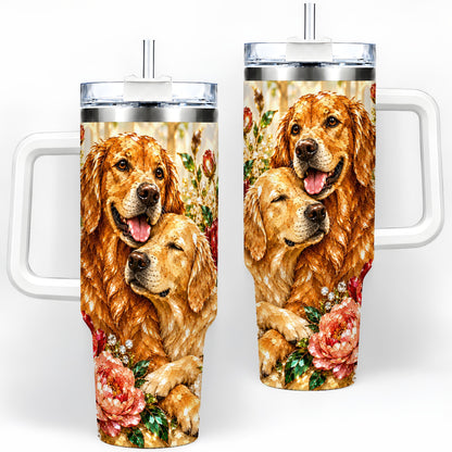 Golden Retriever Floral 40oz Tumbler with Two Dogs and Roses