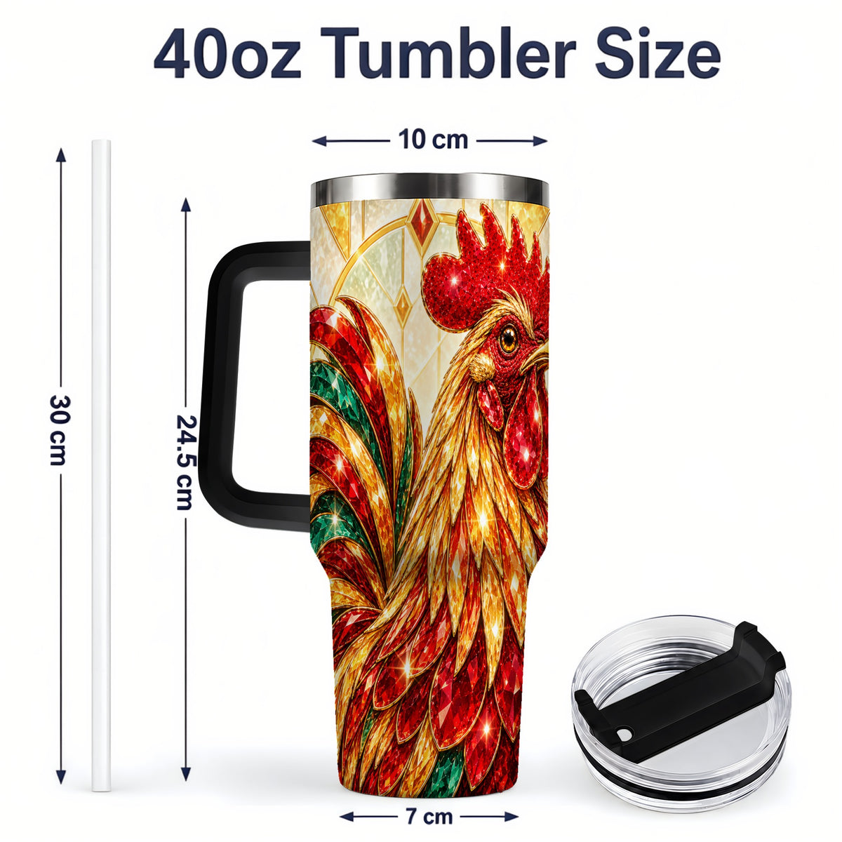 #pl[40oz|Black] Stained Glass Rooster 40oz Tumbler with Red Green and Gold Artwork