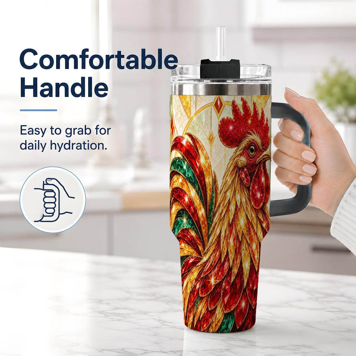 #pl[40oz|Black] Stained Glass Rooster 40oz Tumbler with Red Green and Gold Artwork