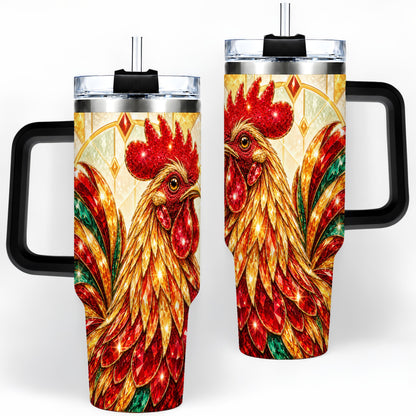 #pl[40oz|Black] Stained Glass Rooster 40oz Tumbler with Red Green and Gold Artwork