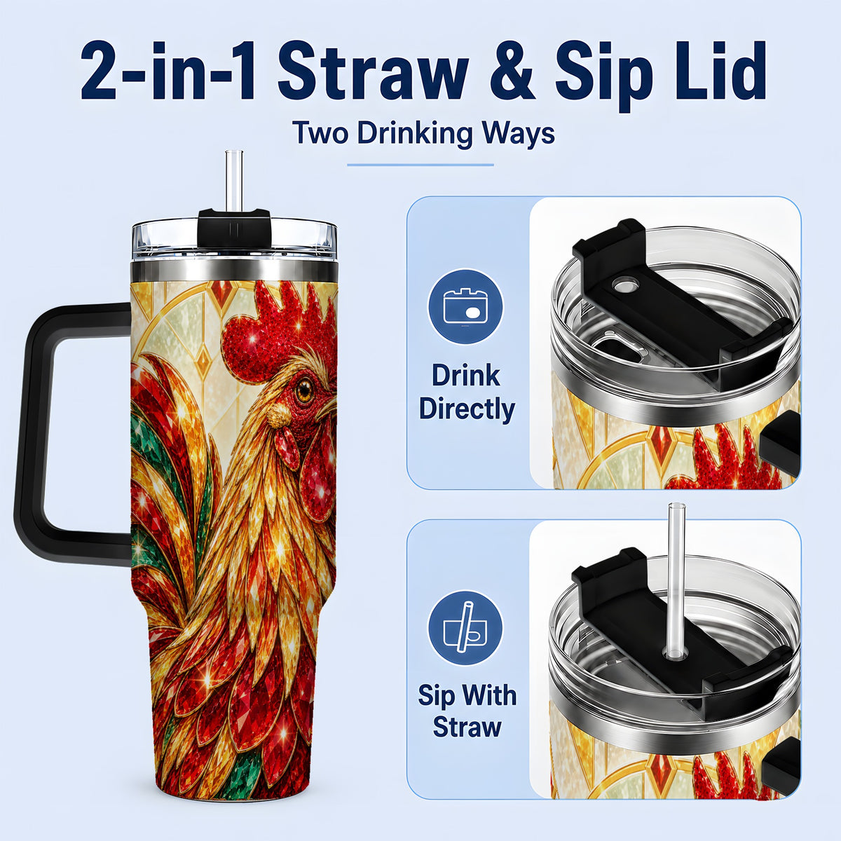 #pl[40oz|Black] Stained Glass Rooster 40oz Tumbler with Red Green and Gold Artwork