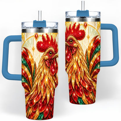 #pl[40oz|Blue] Stained Glass Rooster 40oz Tumbler with Red Green and Gold Artwork