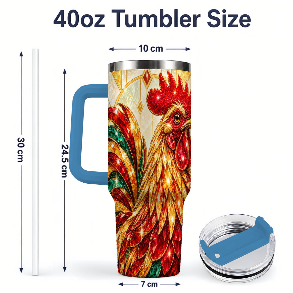 #pl[40oz|Blue] Stained Glass Rooster 40oz Tumbler with Red Green and Gold Artwork