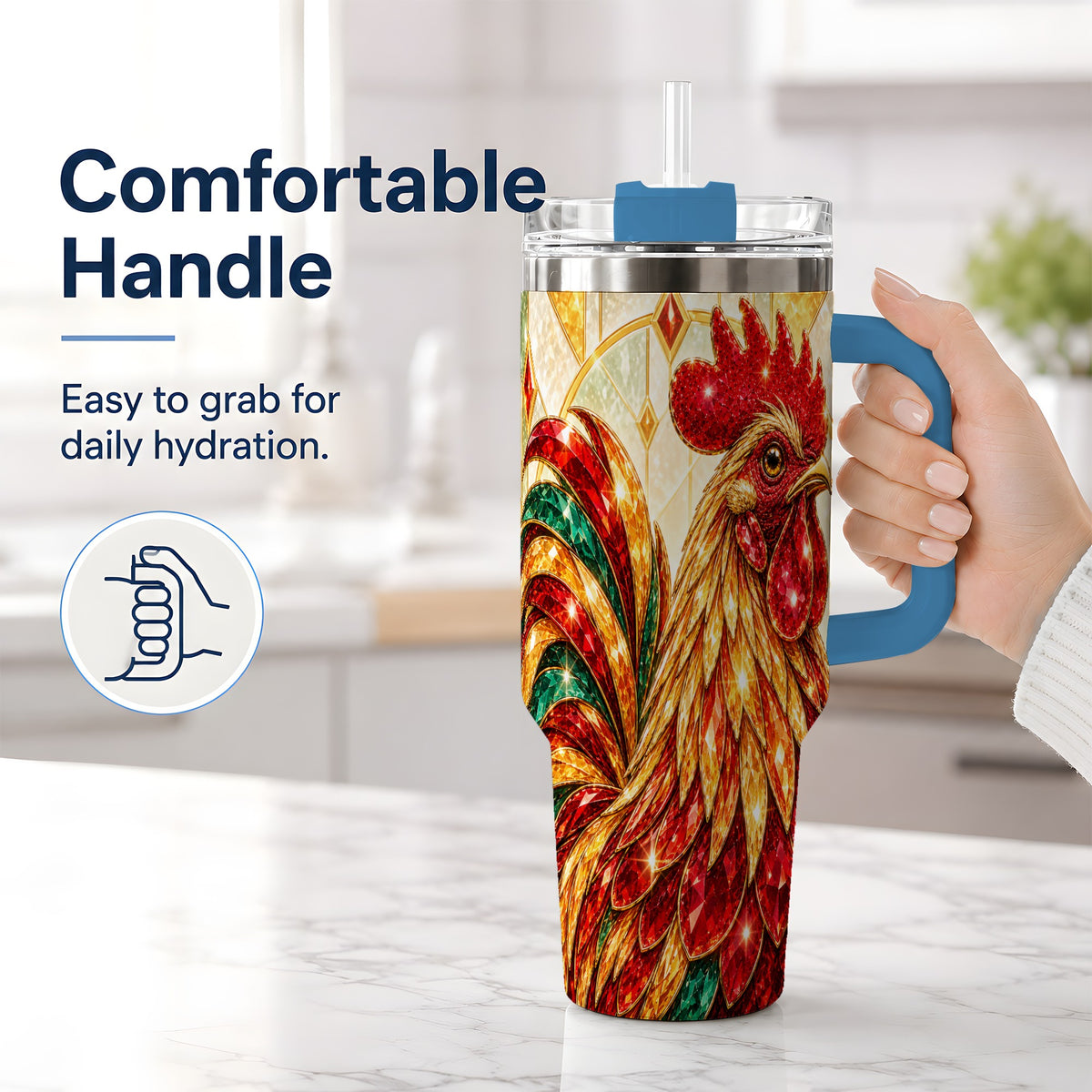 #pl[40oz|Blue] Stained Glass Rooster 40oz Tumbler with Red Green and Gold Artwork