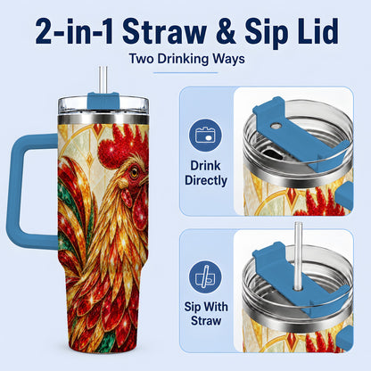 #pl[40oz|Blue] Stained Glass Rooster 40oz Tumbler with Red Green and Gold Artwork