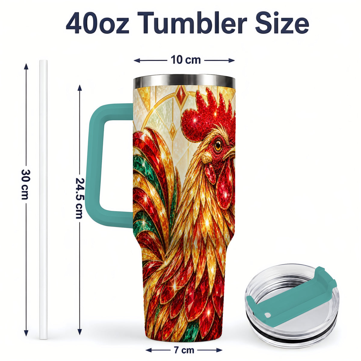 #pl[40oz|Green] Stained Glass Rooster 40oz Tumbler with Red Green and Gold Artwork