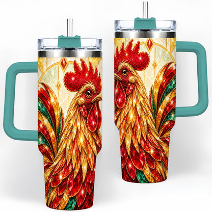 #pl[40oz|Green] Stained Glass Rooster 40oz Tumbler with Red Green and Gold Artwork