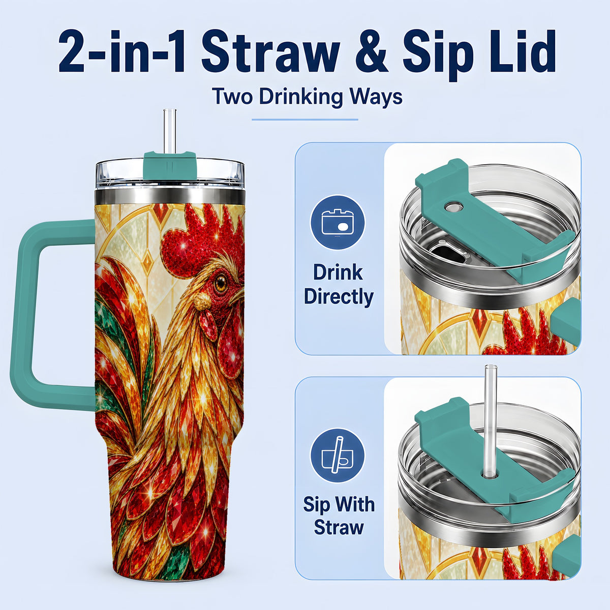 #pl[40oz|Green] Stained Glass Rooster 40oz Tumbler with Red Green and Gold Artwork